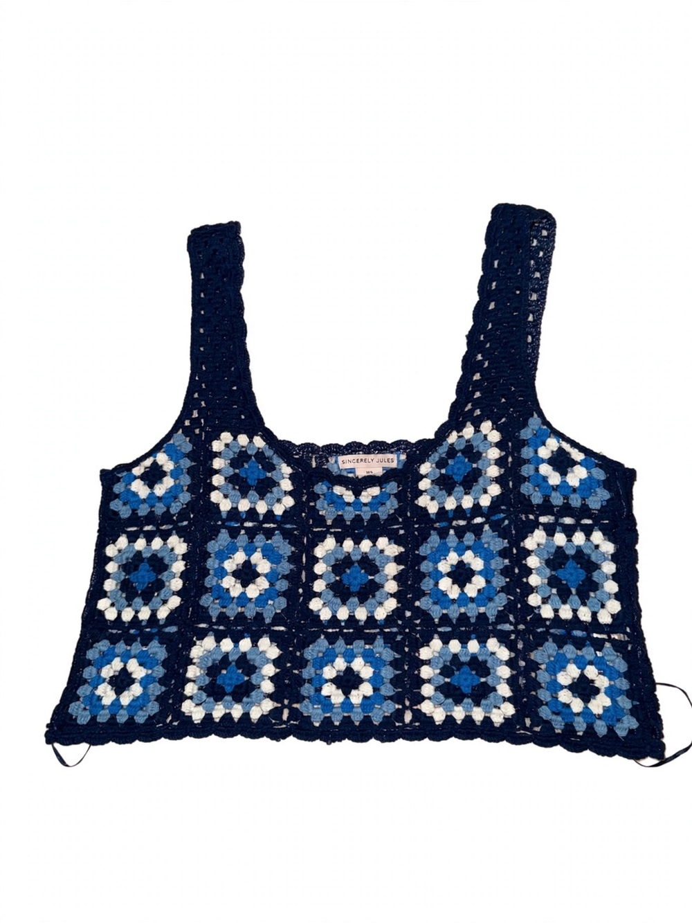 Sincerly Jules Navy Crochet Crop Top with Blue & White Square Motifs NWOT SZ L